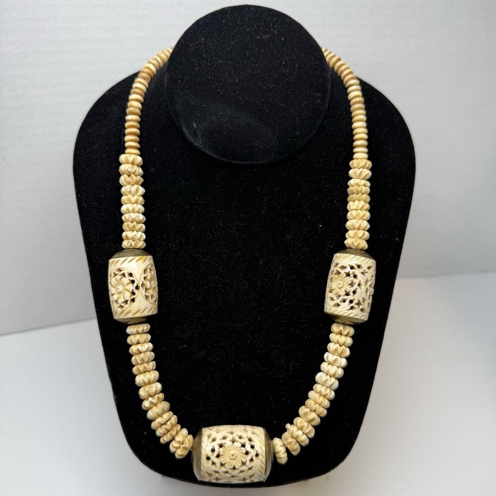 Vintage Tribal Boho Style Carved Beaded Necklace